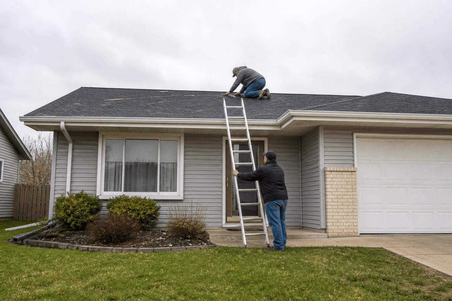 Homeowner and roofer inspecting roof damage from a ladder in Omaha, Nebraska