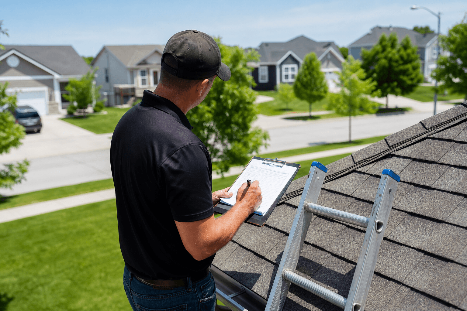 Roofing professional writing an estimate on a clipboard while inspecting a roof in Omaha, Nebraska