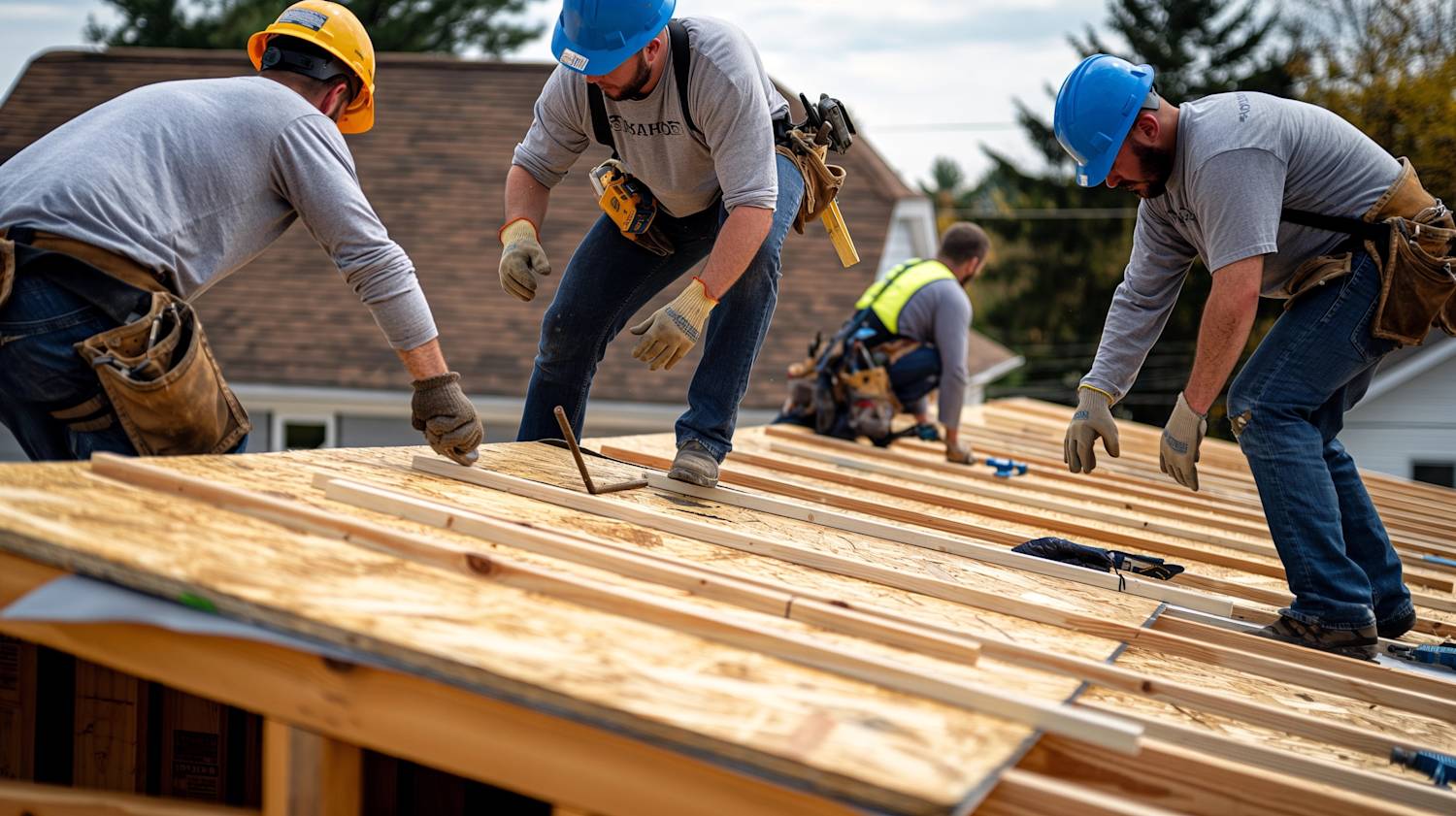 Crew removing old shingles during a Nebraska roof replacement